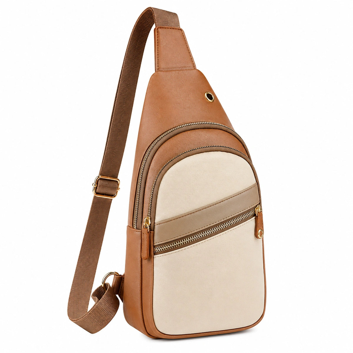 Mochila Bandolera Unisex Beige y Marrón con Correa Ajustable y Múltiples Compartimentos