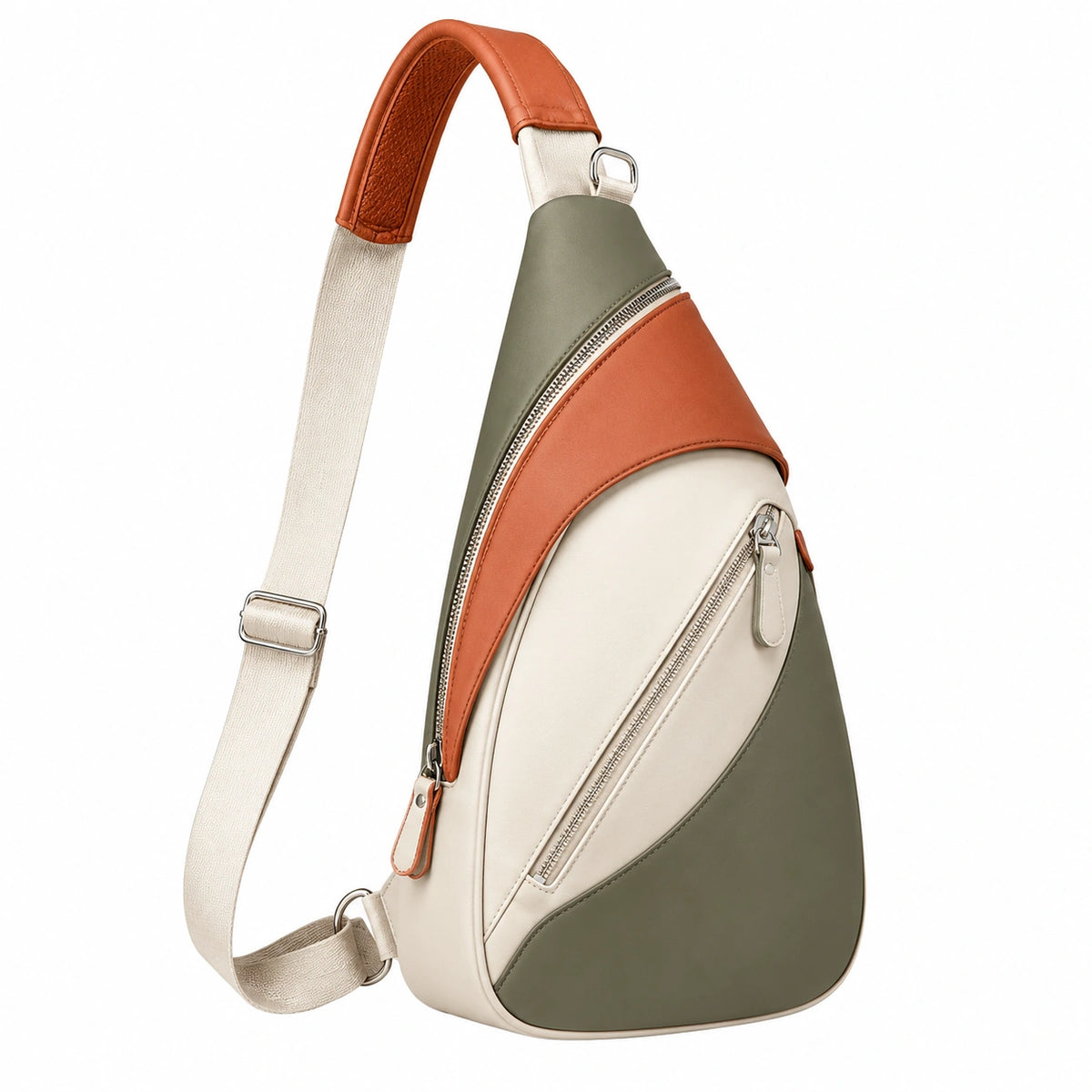 Bolso Bandolera Triangular Verde, Naranja y Beige con Cremallera