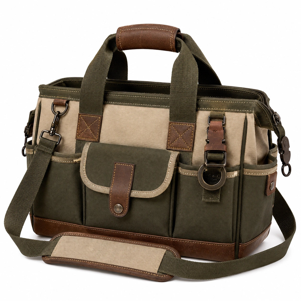 Bolsa de herramientas multiusos verde y marrón con compartimentos