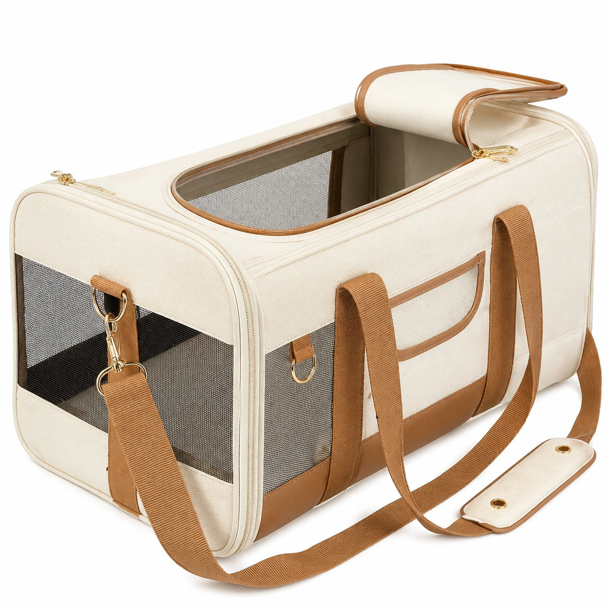 Transportín de Mascotas con Ventilación de Malla Beige y Marrón
