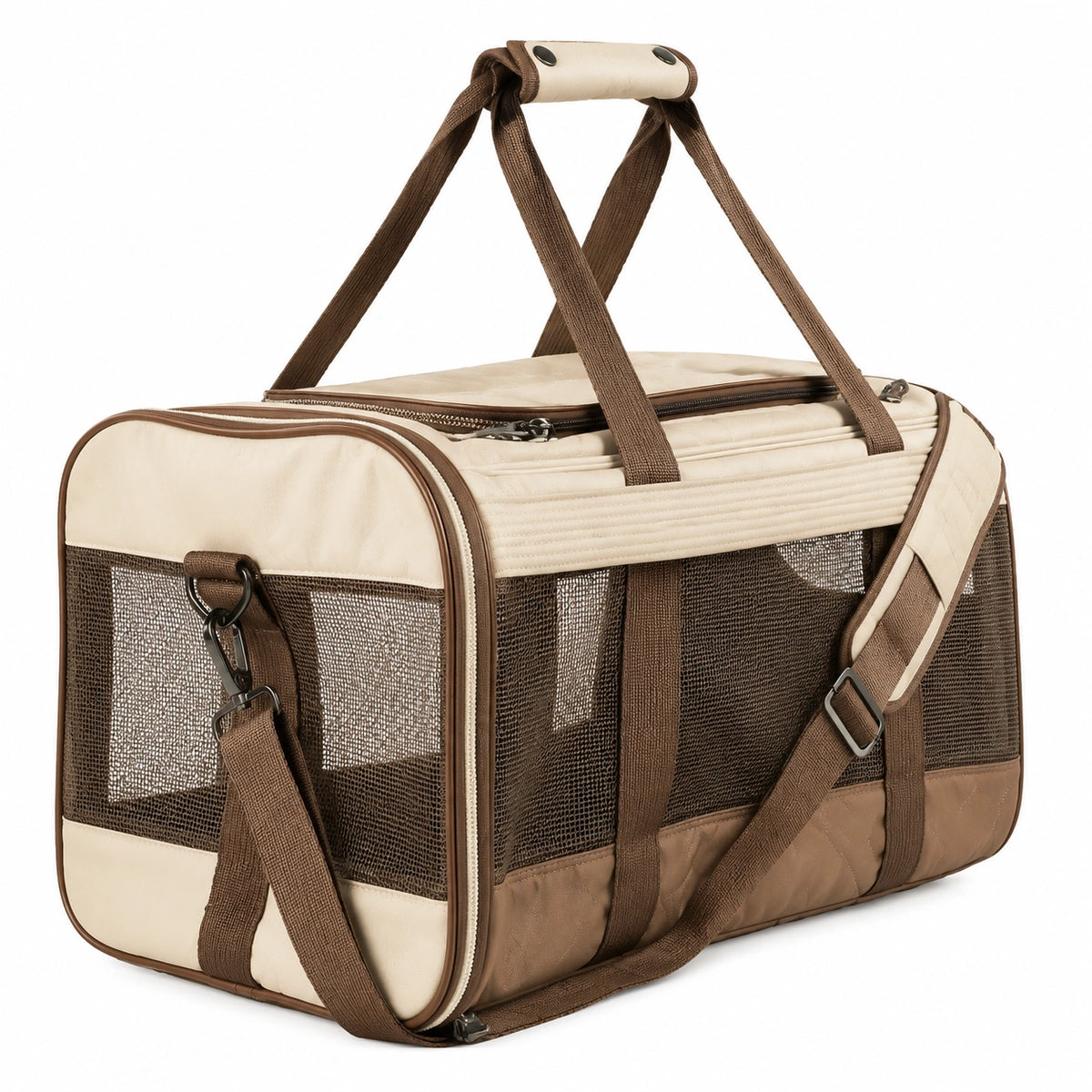 Transportadora de Mascotas Plegable Beige y Negra con Ventilación
